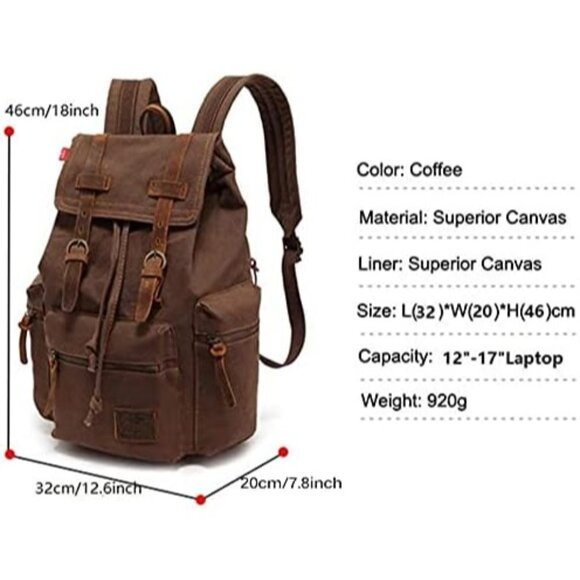 Unisex Coffee Casual Backpack 17-inch Laptop Backpack Genuine Leather Hiking Bag - Picture 3 of 8